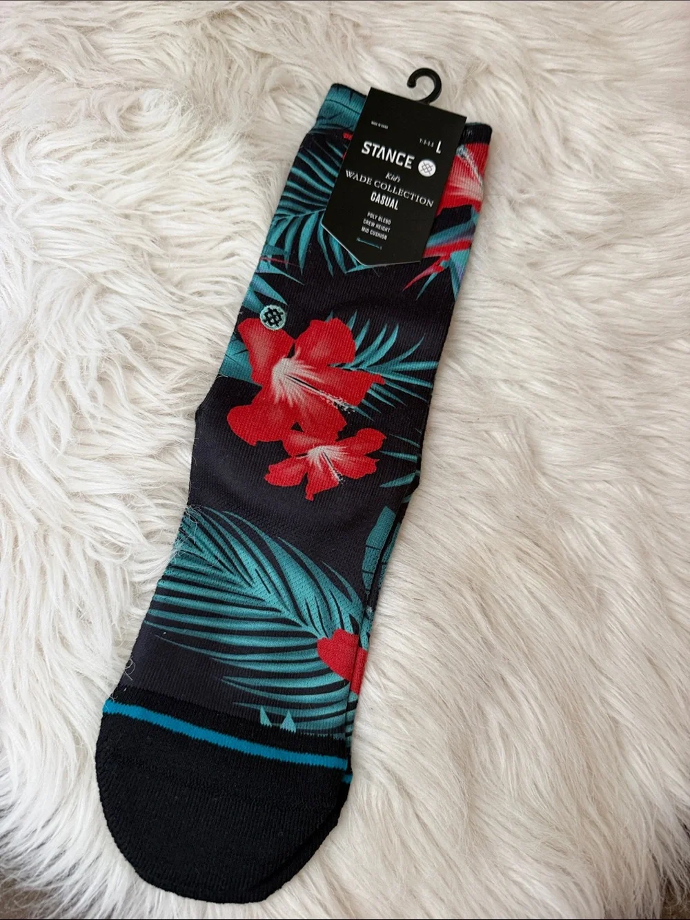 🌺 Stance Kid’s Black Crew Socks w/ Red Floral & Teal Palm Print WADE COLLECTION